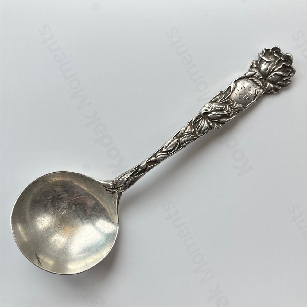 Antique Sterling Silver ALVIN Bridal Rose Ornate Round Bouillon Spoon Mono/Date